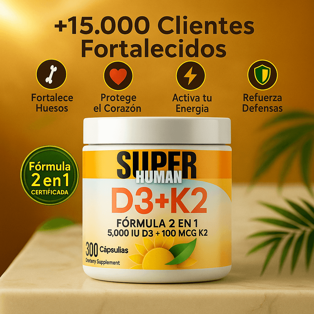 Vitamina D3 + K2 - Cápsulas de Fortalecimiento Óseo y Articular de 5000 IU D3 + 100 MCG K2 (120 Cápsulas) - SuperHuman™