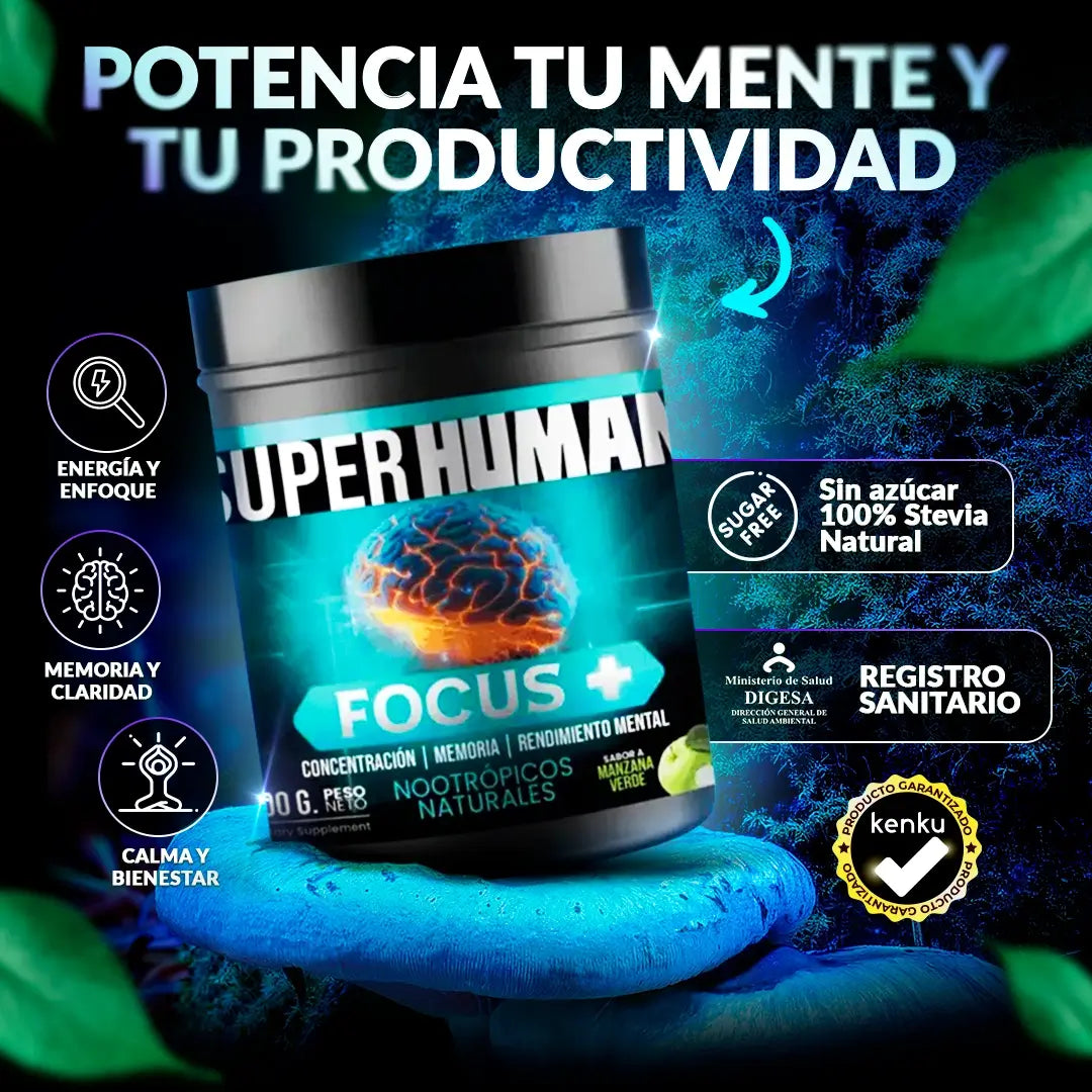 Focus+ Nootrópico Natural para un Máximo Rendimiento Mental Potenciador de Memoria y Productividad (300 gramos) SuperHuman™