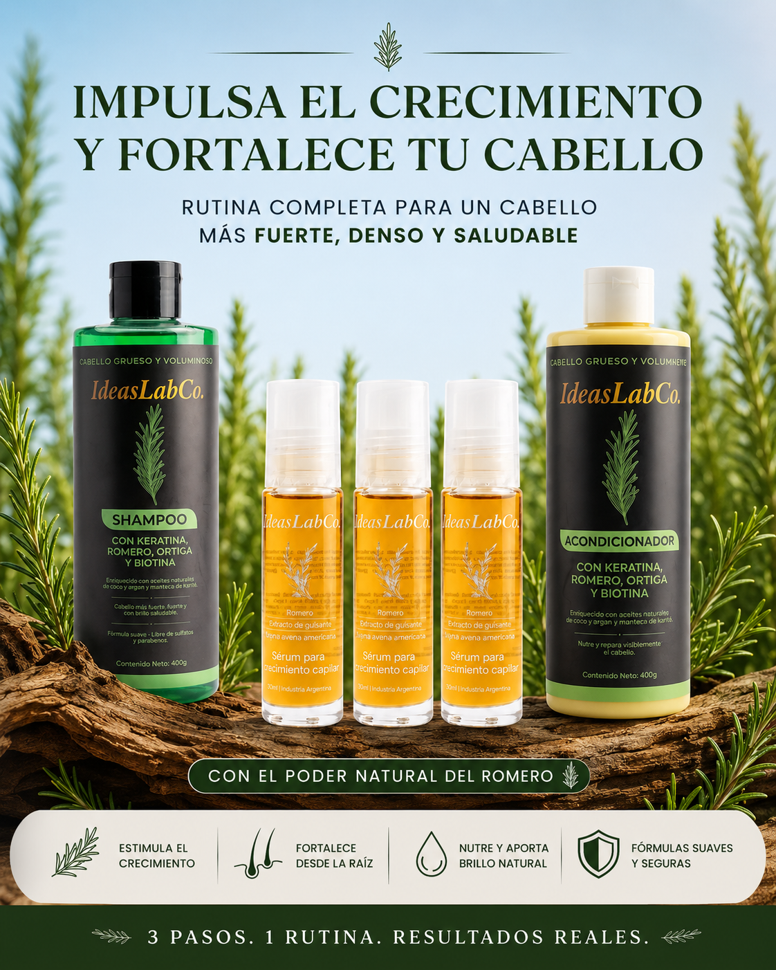 Pack - Keratina + Romero + Ortiga + Biotina -  IdeasLabCo™ + Acondicionador  IdeasLabCo™ + Crecimiento Capilar X3