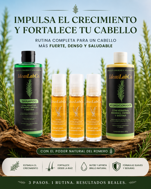 Pack - Keratina + Romero + Ortiga + Biotina -  IdeasLabCo™ + Acondicionador  IdeasLabCo™ + Crecimiento Capilar X3