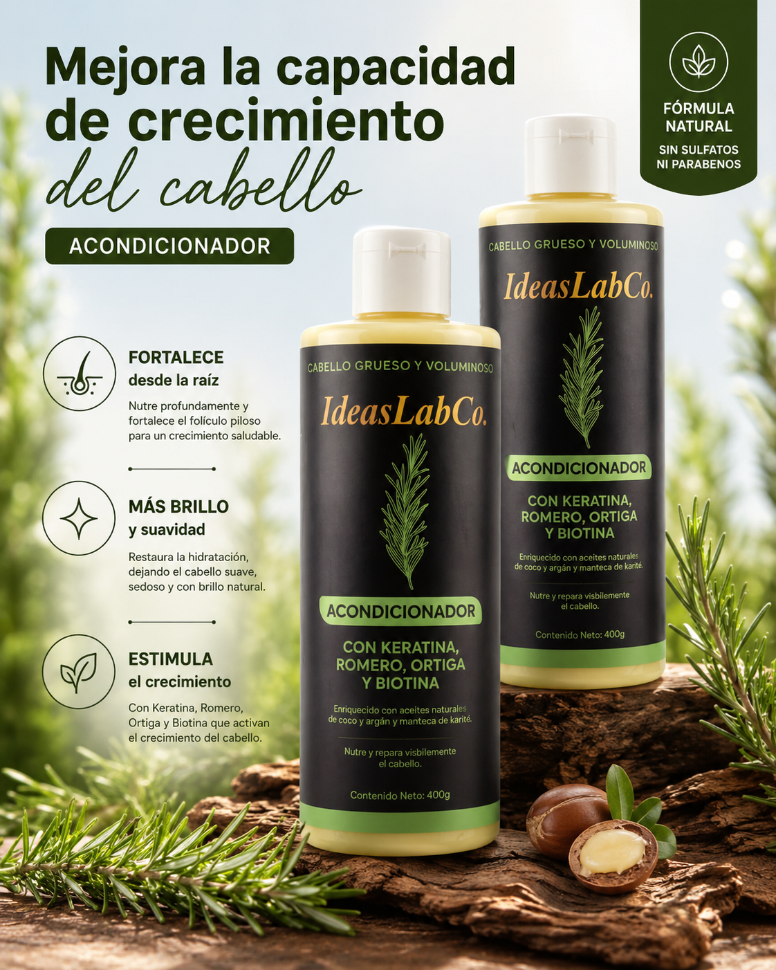 Pack de 2 Acondicionadores para Cabello Grueso y Voluminoso con Romero Keratina Ortiga y Biotina (400 gr.) - IdeasLabCo™