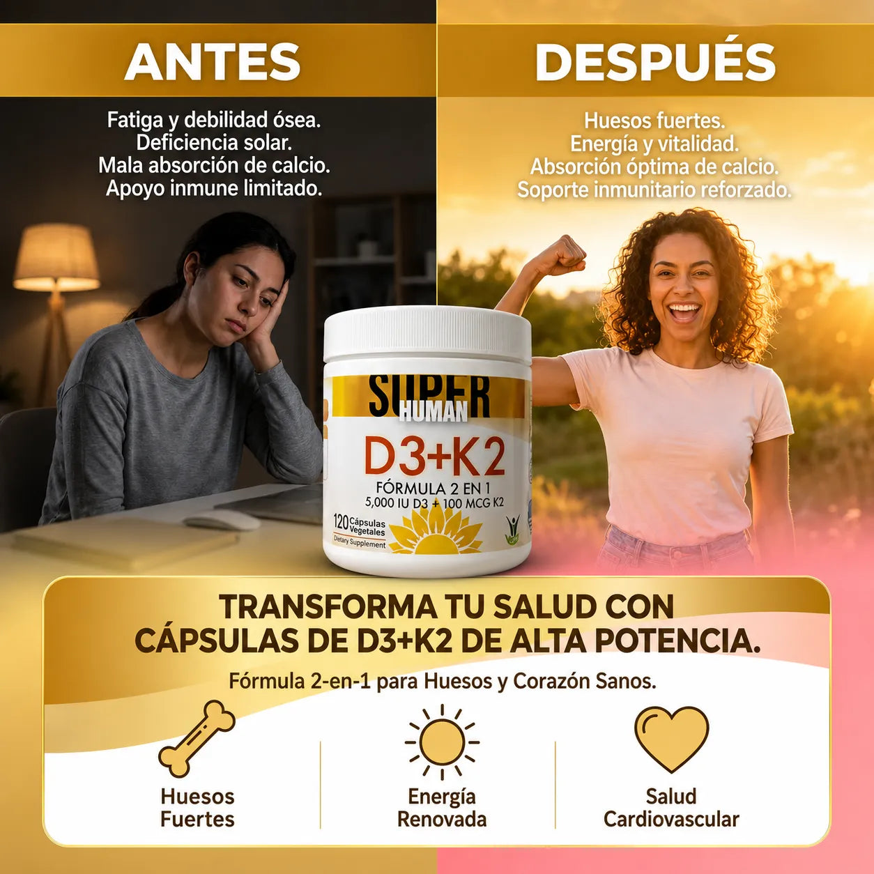 Vitamina D3 + K2 - Cápsulas de Fortalecimiento Óseo y Articular de 5000 IU D3 + 100 MCG K2 (120 Cápsulas) - SuperHuman™