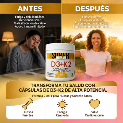 Vitamina D3 + K2 - Cápsulas de Fortalecimiento Óseo y Articular de 5000 IU D3 + 100 MCG K2 (120 Cápsulas) - SuperHuman™