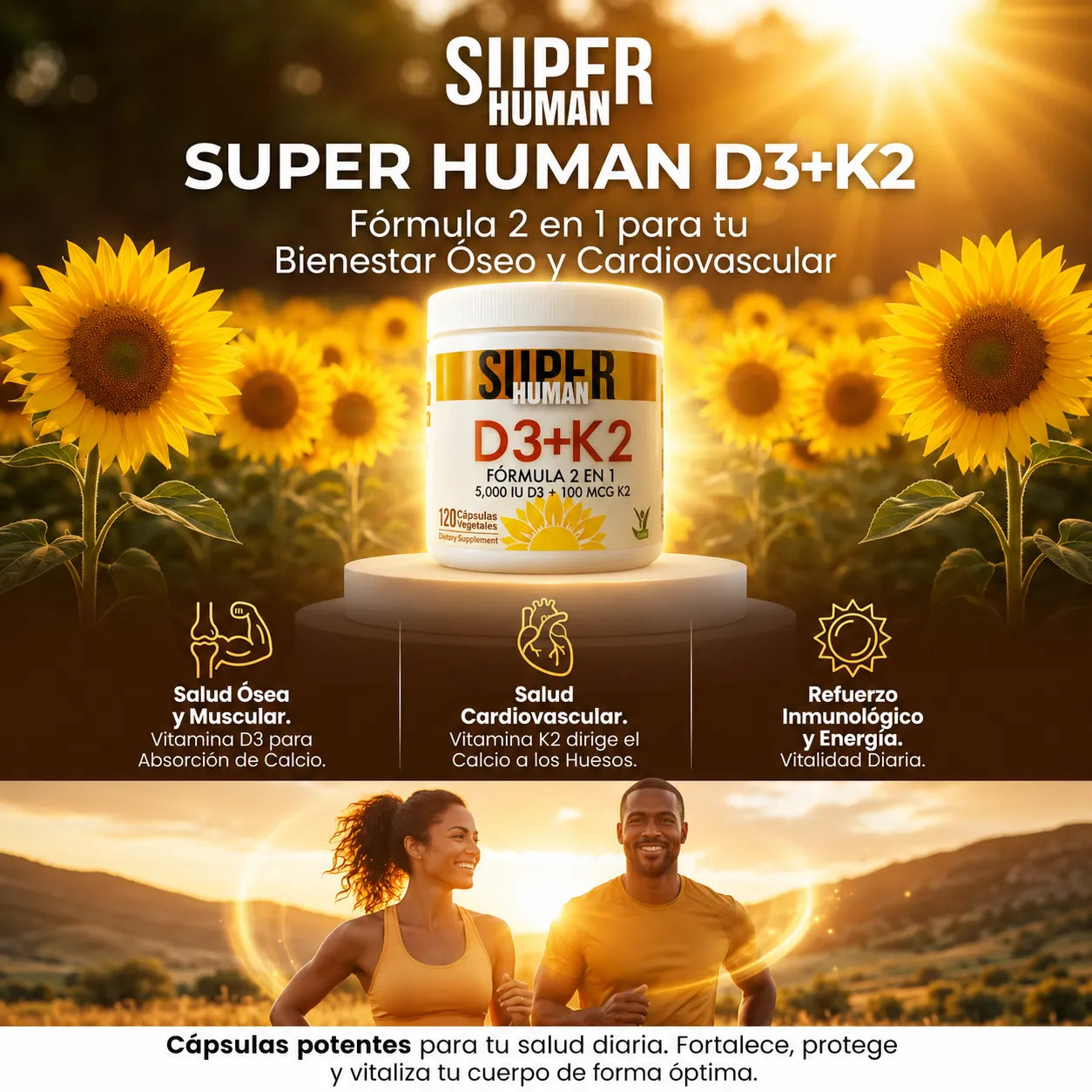 Vitamina D3 + K2 - Cápsulas de Fortalecimiento Óseo y Articular de 5000 IU D3 + 100 MCG K2 (120 Cápsulas) - SuperHuman™