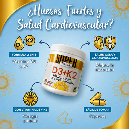 Vitamina D3 + K2 - Cápsulas de Fortalecimiento Óseo y Articular de 5000 IU D3 + 100 MCG K2 (120 Cápsulas) - SuperHuman™