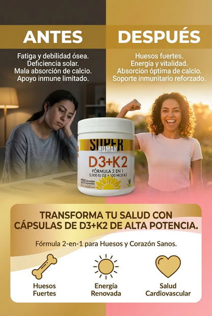 Vitamina D3 + K2 - Cápsulas de Fortalecimiento Óseo y Articular de 5000 IU D3 + 100 MCG K2 (120 Cápsulas) - SuperHuman™