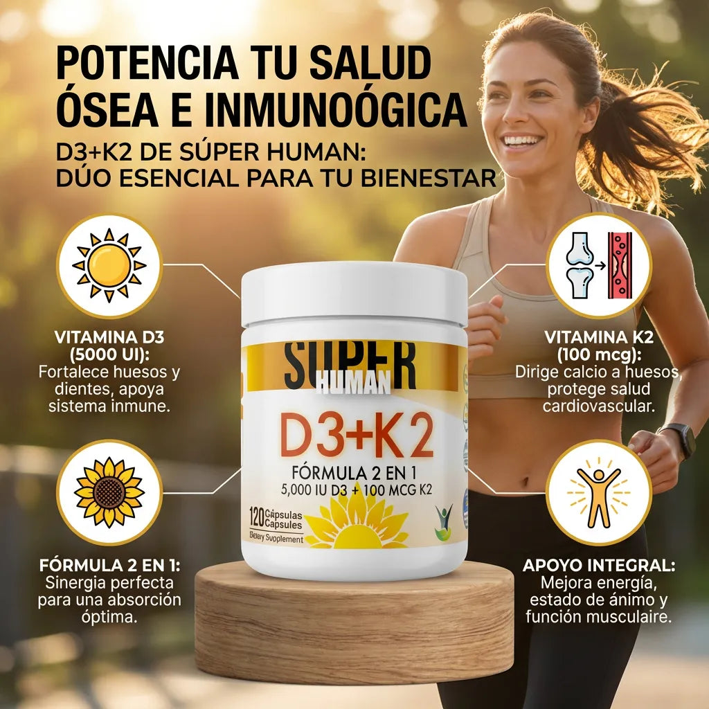 Vitamina D3 + K2 - Cápsulas de Fortalecimiento Óseo y Articular de 5000 IU D3 + 100 MCG K2 (120 Cápsulas) - SuperHuman™