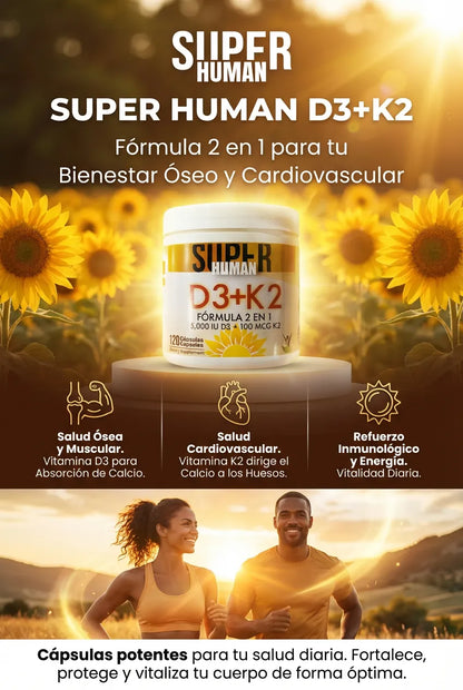 Vitamina D3 + K2 - Cápsulas de Fortalecimiento Óseo y Articular de 5000 IU D3 + 100 MCG K2 (120 Cápsulas) - SuperHuman™