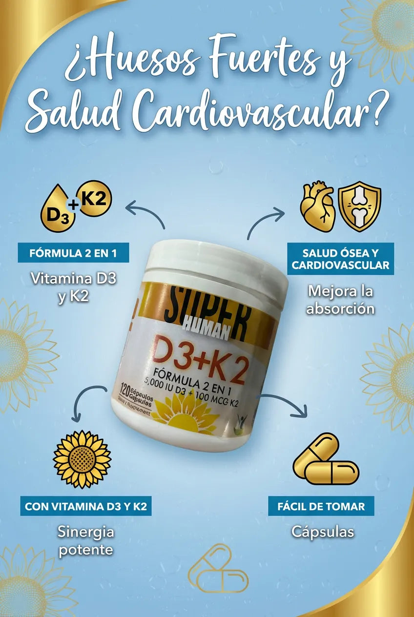 Vitamina D3 + K2 - Cápsulas de Fortalecimiento Óseo y Articular de 5000 IU D3 + 100 MCG K2 (120 Cápsulas) - SuperHuman™