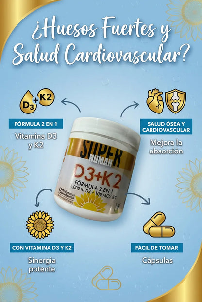 Vitamina D3 + K2 - Cápsulas de Fortalecimiento Óseo y Articular de 5000 IU D3 + 100 MCG K2 (120 Cápsulas) - SuperHuman™