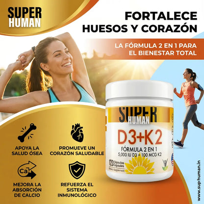 Vitamina D3 + K2 - Cápsulas de Fortalecimiento Óseo y Articular de 5000 IU D3 + 100 MCG K2 (120 Cápsulas) - SuperHuman™