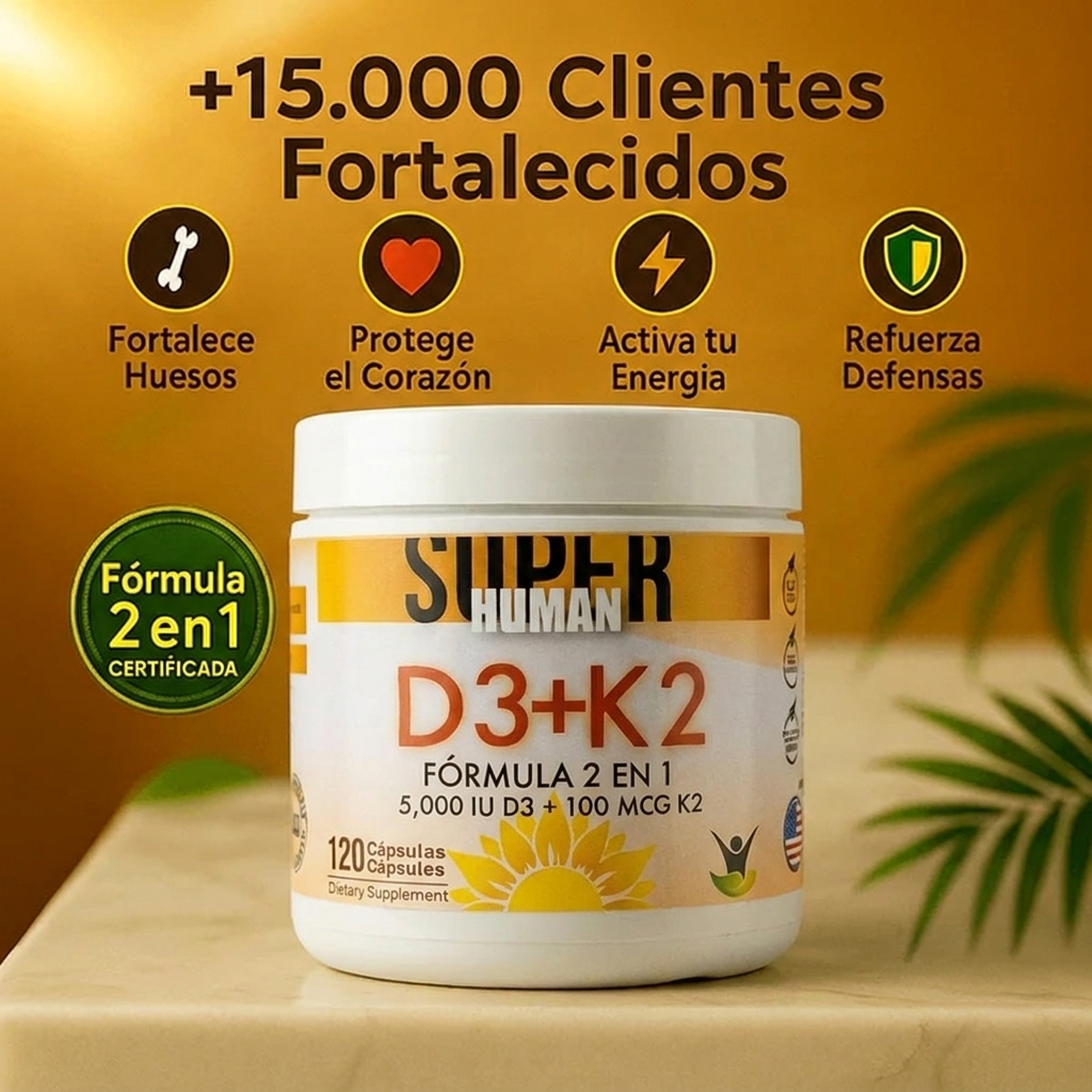 Vitamina D3 + K2 - Cápsulas de Fortalecimiento Óseo y Articular de 5000 IU D3 + 100 MCG K2 (120 Cápsulas) - SuperHuman™